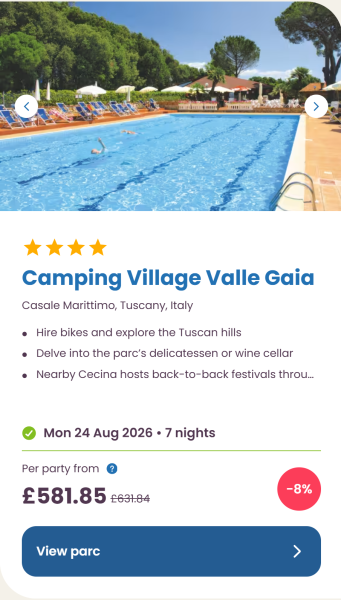 Eurocamp 2026 school holiday deals, August budget summer breaks, frugal mum travel guide, photo of camping village valle gaia, italy