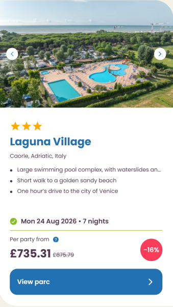 Eurocamp 2026 school holiday deals, August budget summer breaks, frugal mum travel guide, photo of laguna village, italy