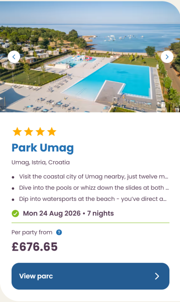 Eurocamp 2026 school holiday deals, August budget summer breaks, frugal mum travel guide, photo of park umag, croatia