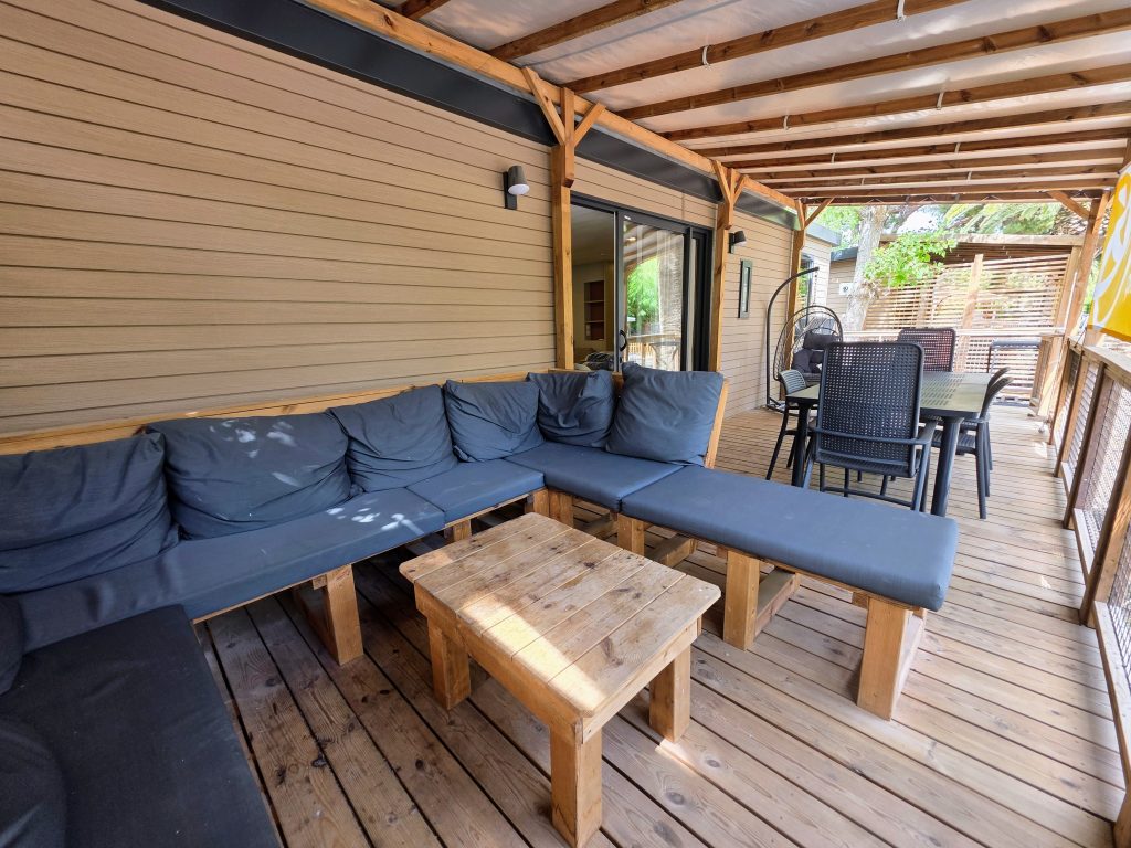 Eurocamp Holiday Review: Playa Montroig, Costa Dorada, Spain, frugal mum travel guide, photo of ultimate plus accommodation decking