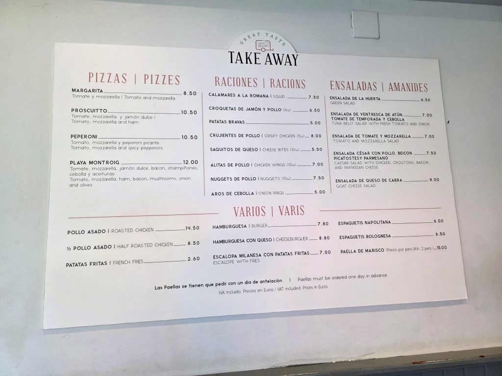 Eurocamp Holiday Review: Playa Montroig, Costa Dorada, Spain, frugal mum travel guide, photo of menu