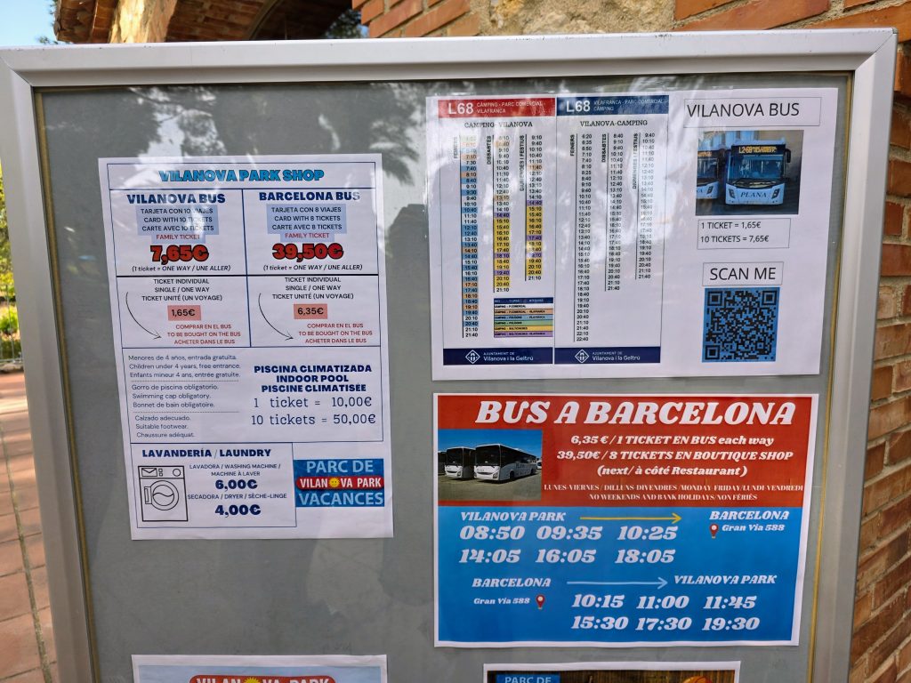 Eurocamp holiday review, Vilanova Park, Barcelona, Spain, frugal mum travel guide, photo of bus timetable