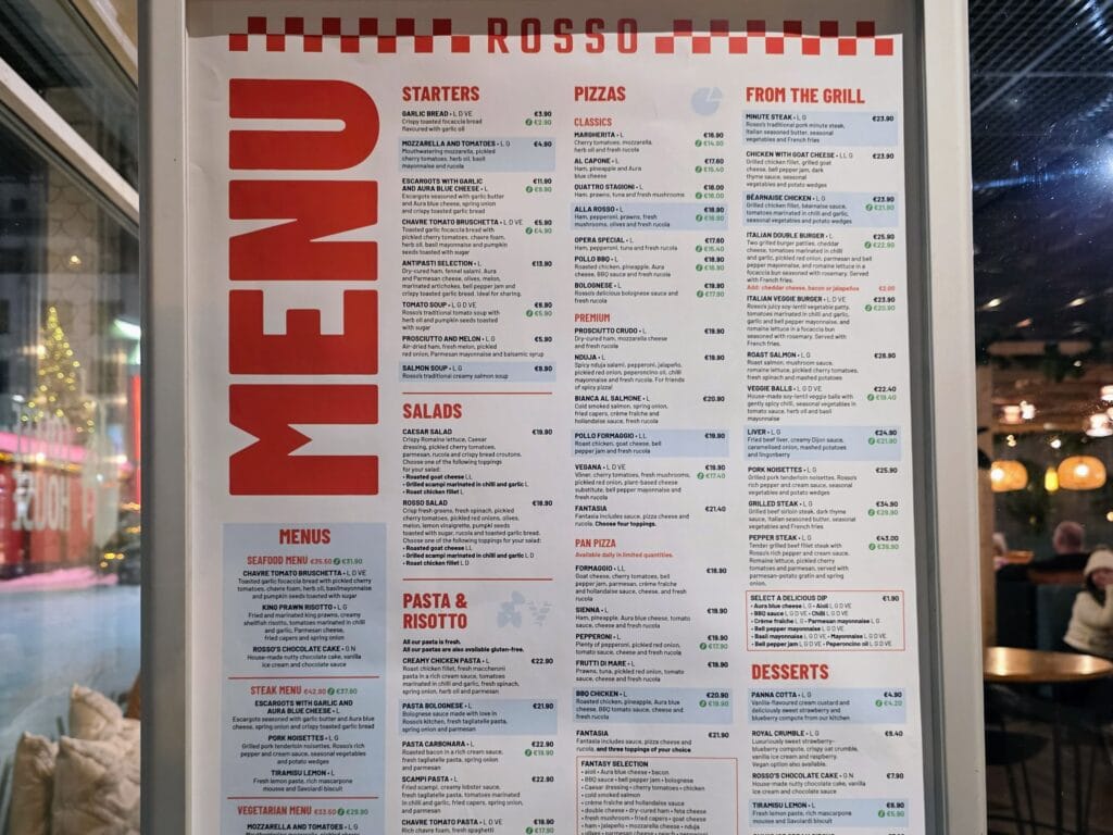 Where to eat in Rovaniemi with kids, frugal mum family restaurant guide, photo of rosso menu