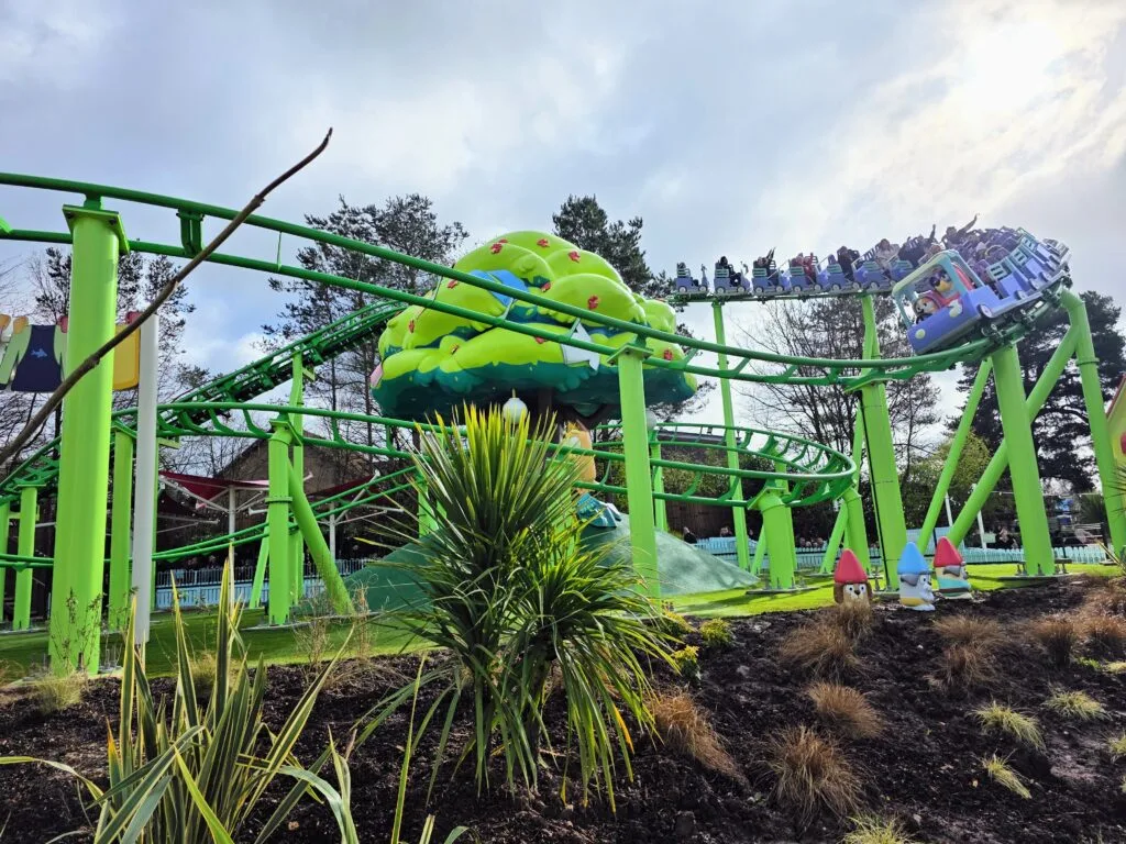 Alton Towers Hotel Review, frugal mum guide, photo of bluey rollercoaster in cbeebies land