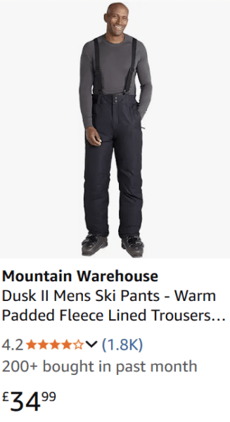 Lapland packing list for families, frugal mum travel guide, image of ski trousers