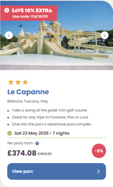 50 Eurocamp holidays cheap summer deals, frugal mum travel guide, image of le capanne, italy