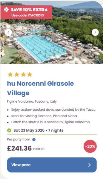 50 Eurocamp holidays cheap summer deals, frugal mum travel guide, image of hu norcenni girasole village, italy