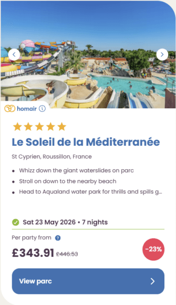 50 Eurocamp holidays cheap summer deals, frugal mum travel guide, image of le soleil de la mediterranee, france