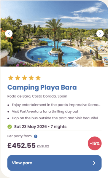 50 Eurocamp holidays cheap summer deals, frugal mum travel guide, image of camping playa bara, spain
