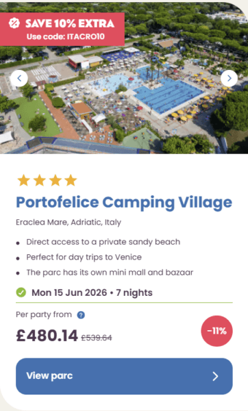 50 Eurocamp holidays cheap summer deals, frugal mum travel guide, image of portofelice camping village, italy