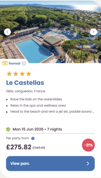 50 Eurocamp holidays cheap summer deals, frugal mum travel guide, image of le castellas, france