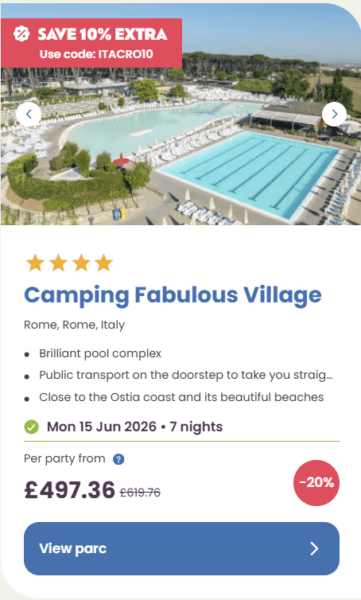 50 Eurocamp holidays cheap summer deals, frugal mum travel guide, image of camping fabulous village, rome