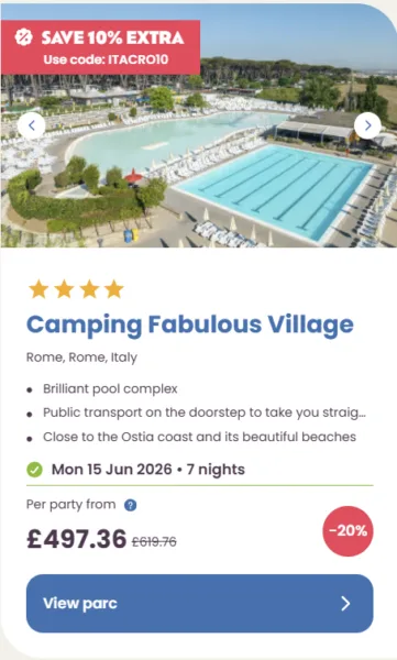 50 Eurocamp holidays cheap summer deals, frugal mum travel guide, image of camping fabulous village, rome