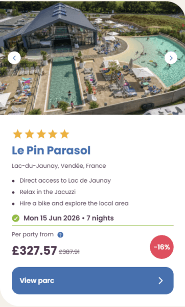 50 Eurocamp holidays cheap summer deals, frugal mum travel guide, image of le pin parasol, vendee