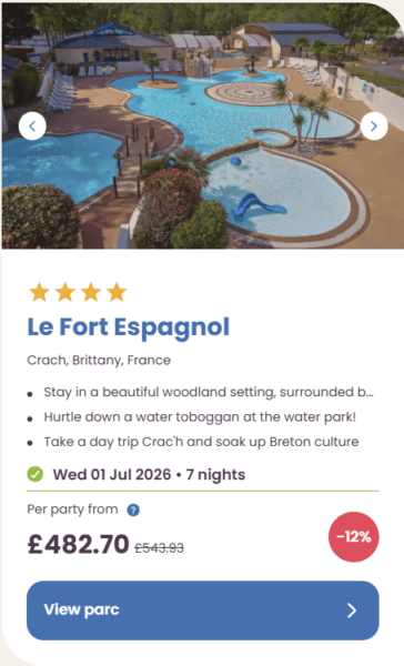 50 Eurocamp holidays cheap summer deals, frugal mum travel guide, image of le fort espagnol, brittany