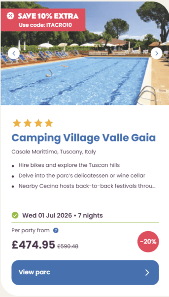 50 Eurocamp holidays cheap summer deals, frugal mum travel guide, image of village valle gaia, italy