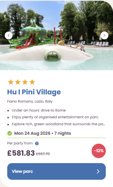 50 Eurocamp holidays cheap summer deals, frugal mum travel guide, image of hu i pini village, rome