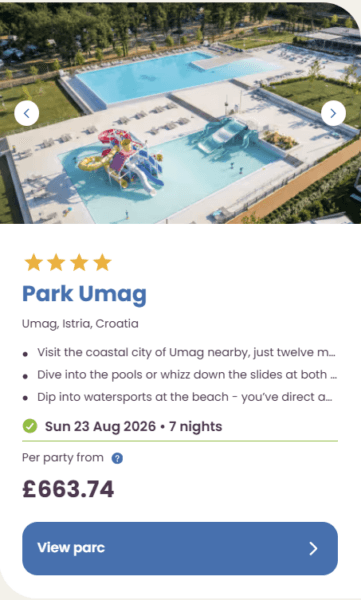 50 Eurocamp holidays cheap summer deals, frugal mum travel guide, image of park umag crotia