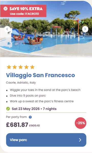 50 Eurocamp holidays cheap summer deals, frugal mum travel guide, image of villaggio san francesco, italy