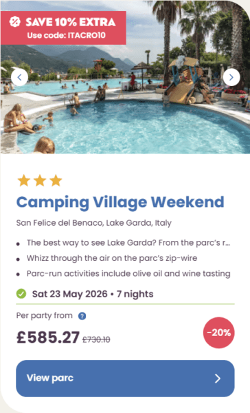50 Eurocamp holidays cheap summer deals, frugal mum travel guide, image of camping village weekend, lake garda