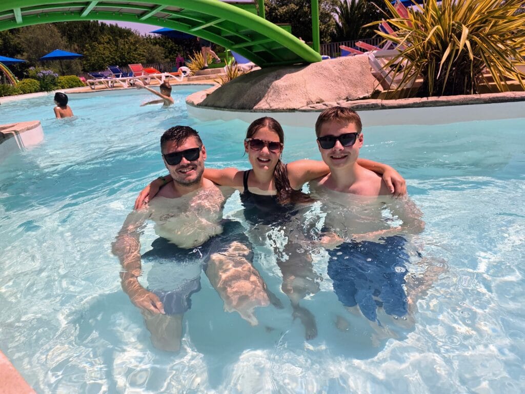 Eurocamp Holiday Review, Le Mané Guernehué, Brittany, France, frugal mum travel guide, photo of family in pool