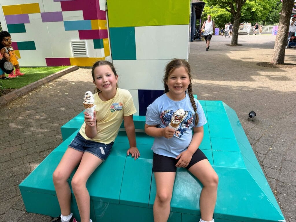 LEGOLAND Windsor Hotel and woodland village lodges review, frugal mum guide, photo of girls with icecream