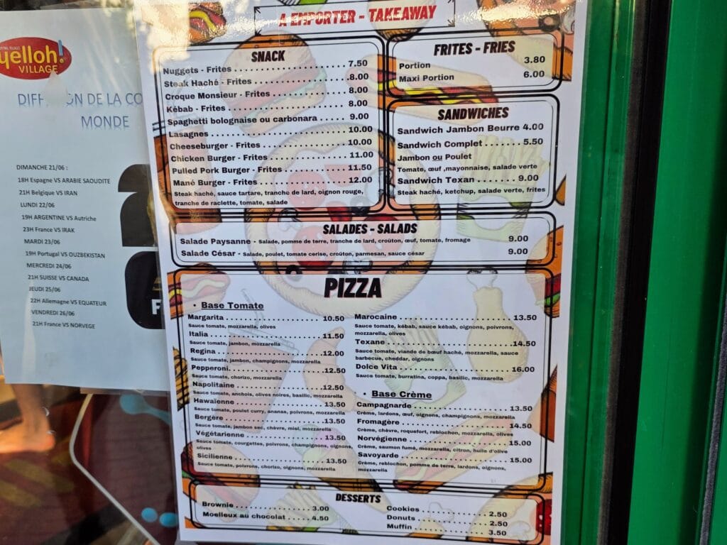 Eurocamp Holiday Review, Le Mané Guernehué, Brittany, France, frugal mum travel guide, photo of menu