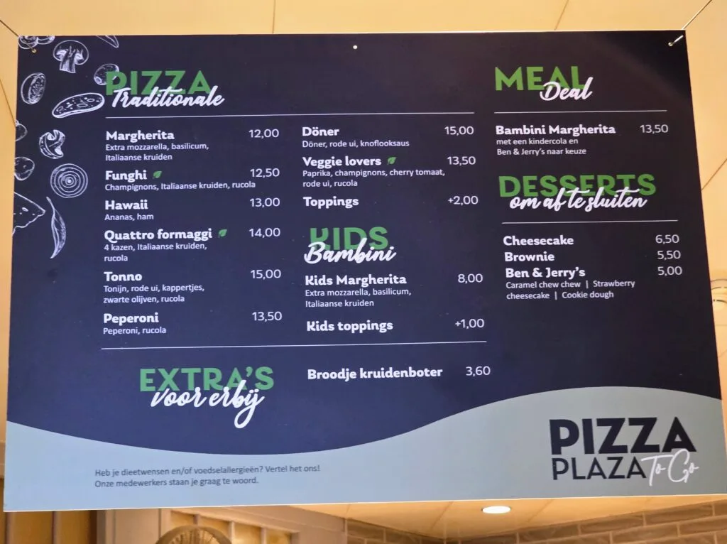 Duinrell Holiday and theme park, frugal mum review, the Netherlands, photo of menu