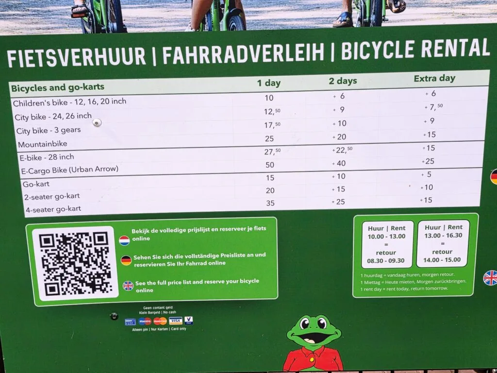 Duinrell Holiday and theme park, frugal mum review, the Netherlands, photo of bike rental prices