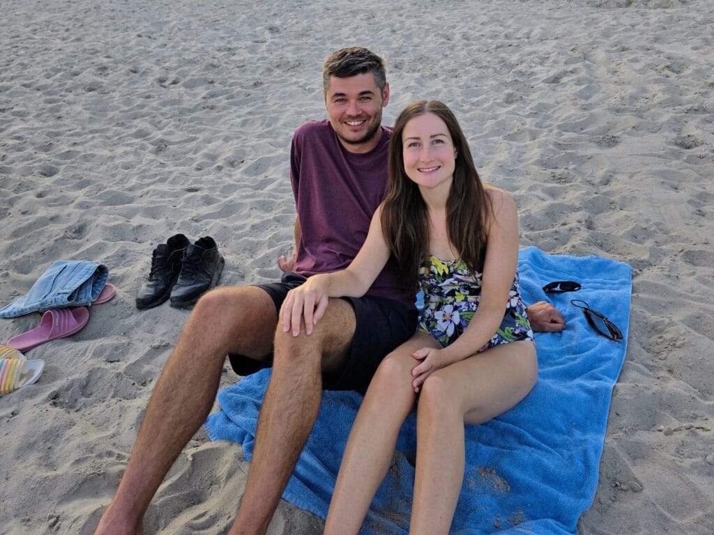 Eurocamp Holiday TerSpegelt, the Netherlands, frugal mum review, photo of us on beach by lake