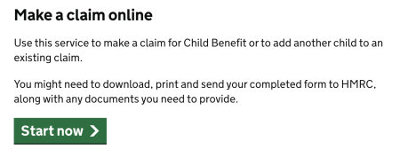 Child benefit online claim information to start now