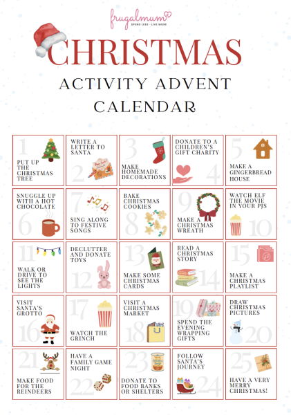 frugal mum, christmas activity advent calendar, christmas countdown, children, family