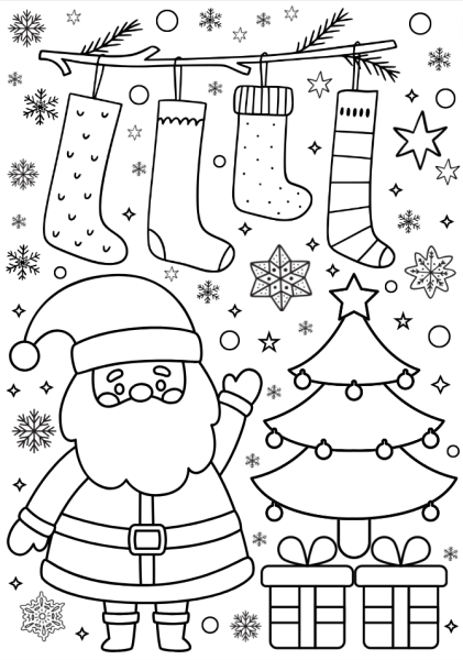 frugal mum, free printable, Christmas, activity, childrens colouring page, stockings, christmas tree, santa