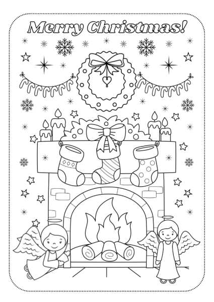 frugal mum, free printable, Christmas, activity, childrens colouring page, stockings, fireplace, angels