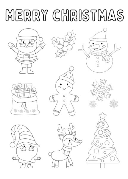 frugal mum, free printable, Christmas, activity, childrens colouring page, snowman, christmas tree, santa, holly, reindeer, sack