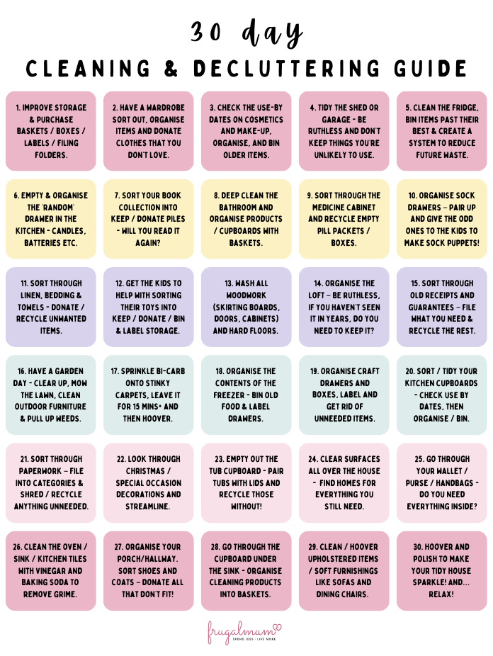 30 day cleaning and decluttering guide, 25 simple frugal living tips to save you money, frugal mum