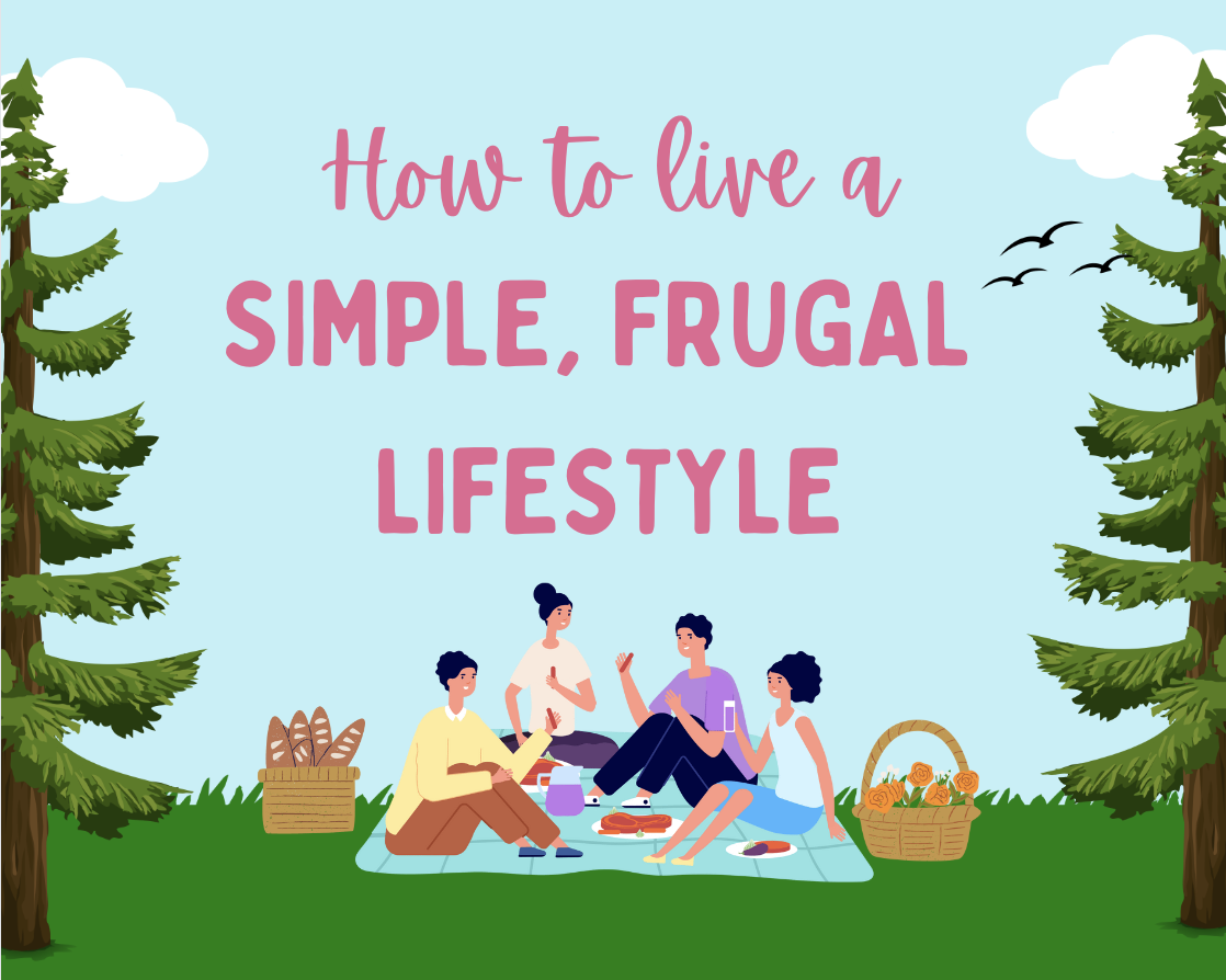 how to live a simple, frugal lifestyle, minimalist, tips, frugal mum title page, family having picnic in woods