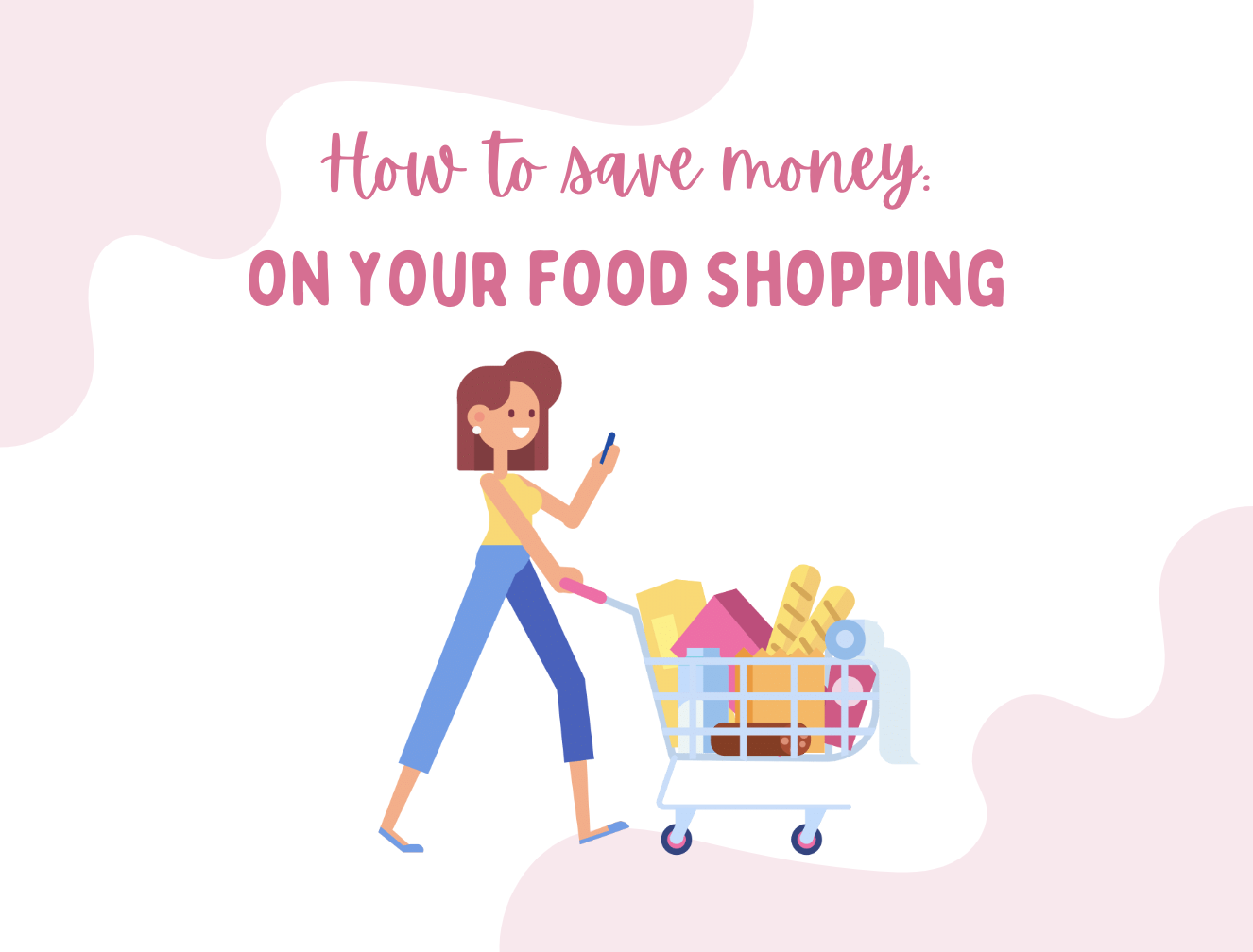 frugal mum shopping tips, how to save money on food shopping, groceries, weekly shop, small budget, title image for article