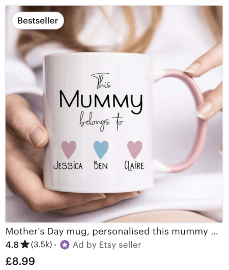 etsy, frugal mum, gifts, mothers day, affordable presents, personalised mug