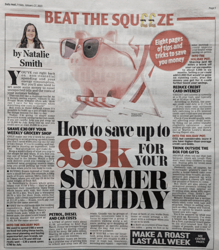 Frugal Mum, Natalie Smith, Daily Mail article, cost of living crisis, beat the squeeze, how to save £3k for your summer holiday