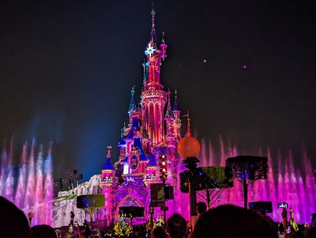 disneyland paris guide, review, frugal mum family photo, castle and light display at night