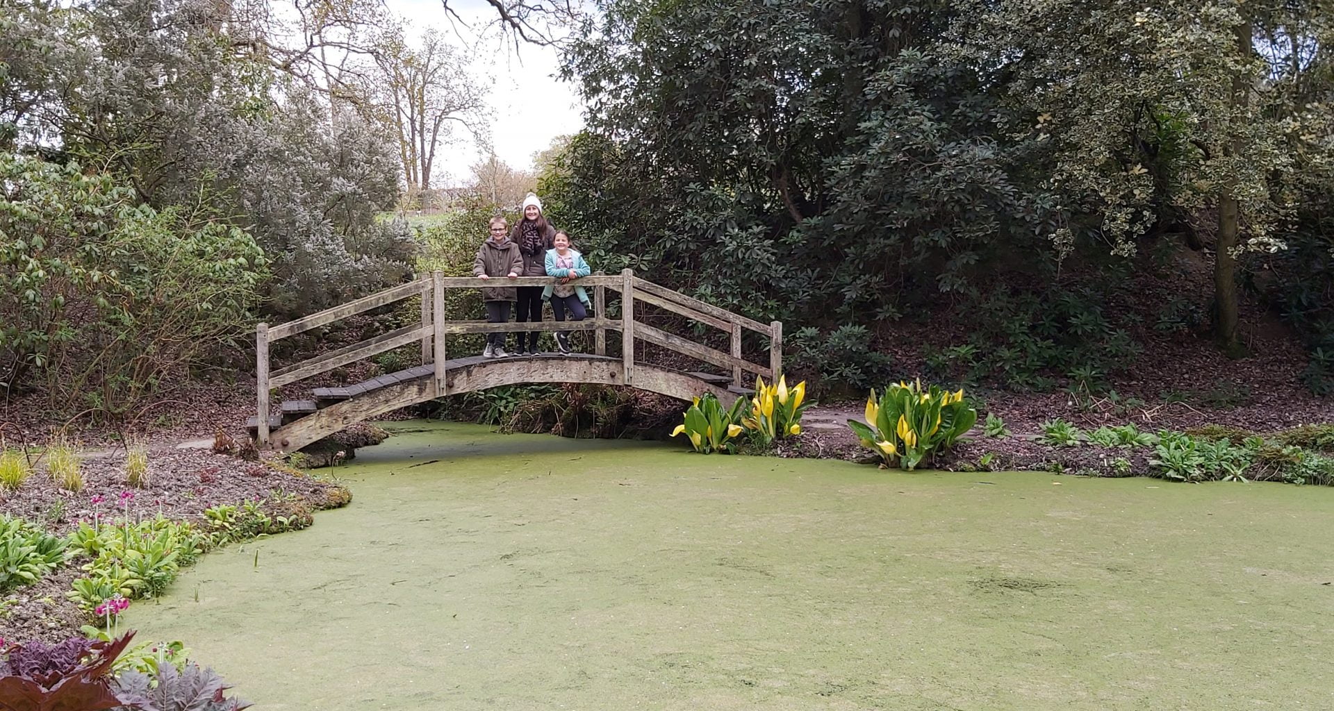 Kent with Kids, Hole Park, Rolvenden, day out, frugal mum family on bridge by pond