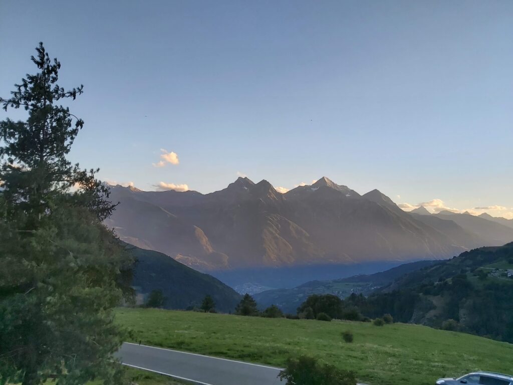 aosta, northern italy, evening mountain view, eurocamp road trip, budget trip with kids, frugal mum review, photo, family holiday