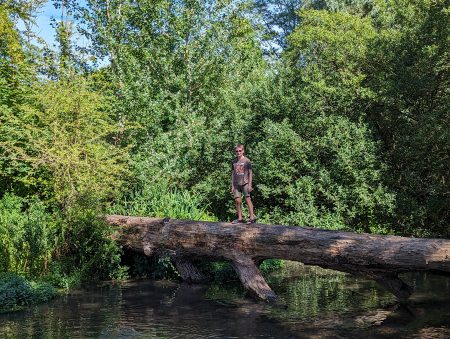 kearsney abbey, parks, dover, kent, child on log over water, frugal mum, free day out
