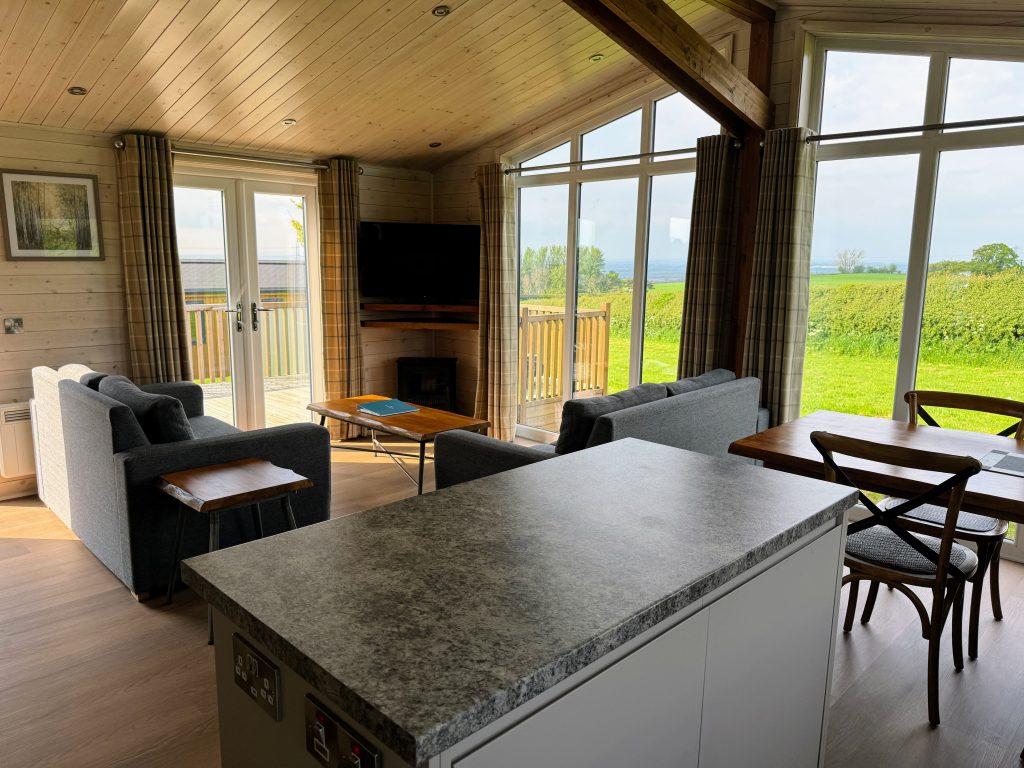 Knights Lodges, Bretby, Derbyshire, UK staycation review, photo of lodge living space, frugal mum family holiday