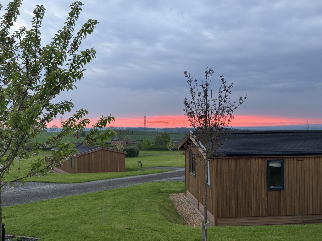 Knights Lodges, Bretby, Derbyshire, review, photo of view over countryside, sunset evening