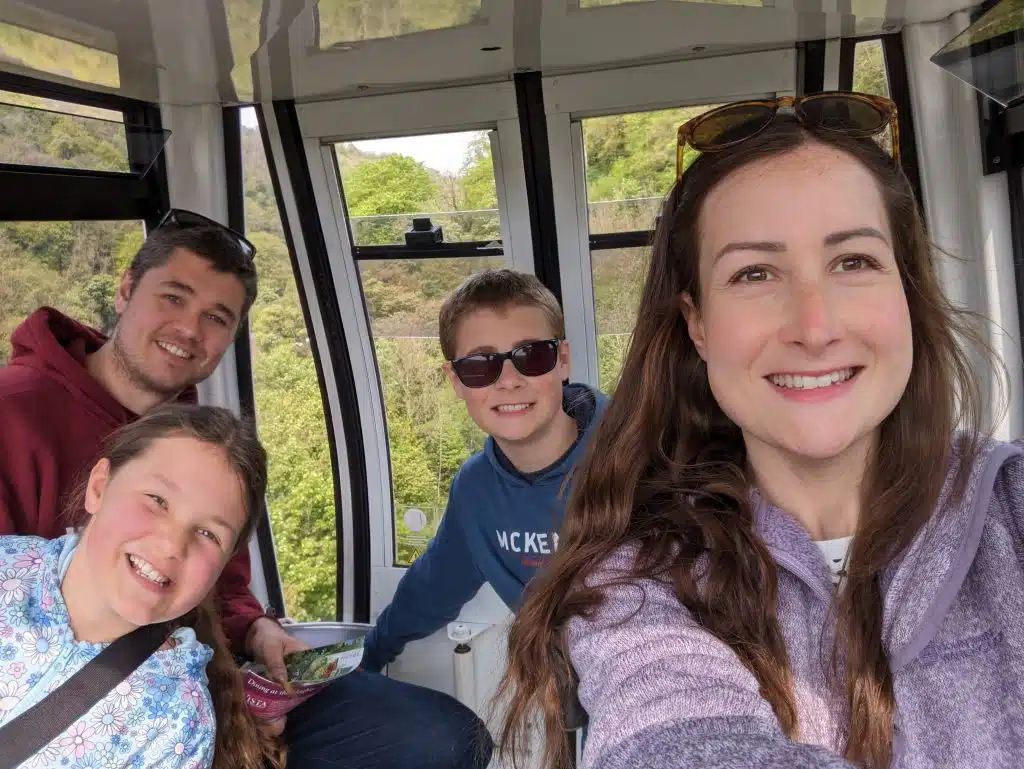 frugal mum family photo on heights of abraham cable car in peak district