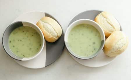 leek and potato soup in bowls with bread, frugal mum, recipe, leftovers ideas, budget food shop tips