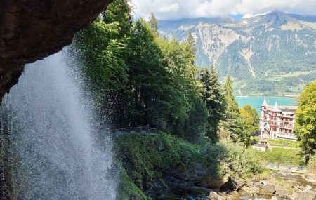 frugal mum photo, giessbach falls in brienz, switzerland, view across lake, travelling on a budget tips